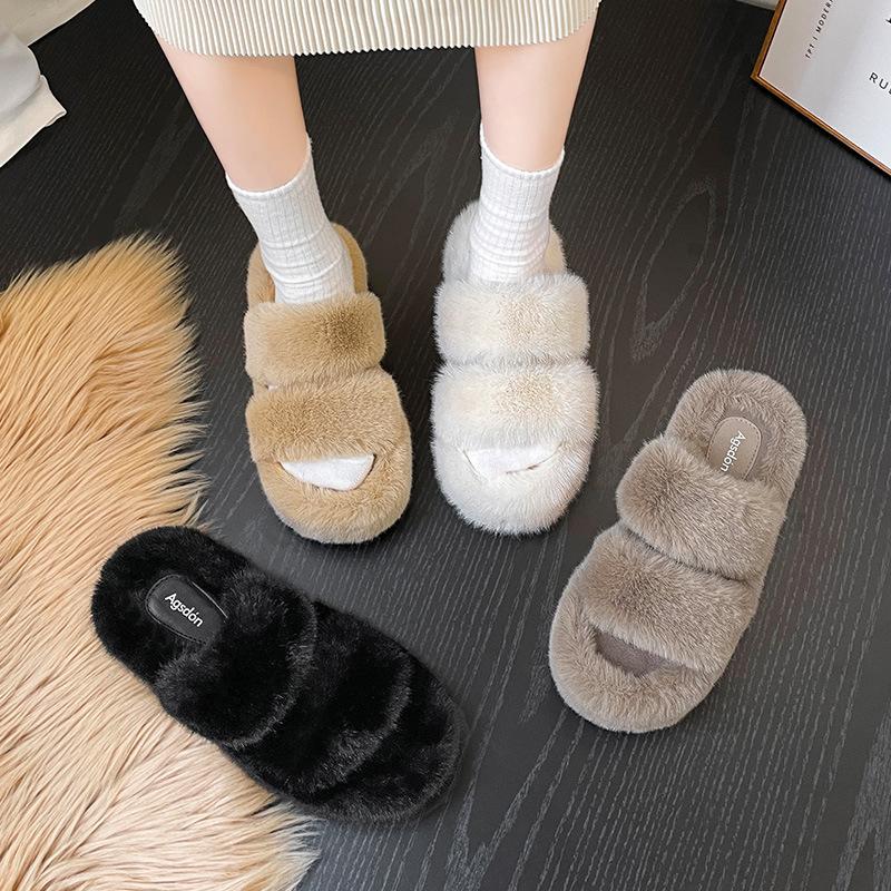Augustine plush slippers women's autumn 2025 new cute wind ins home thick bottom one-word cotton slippers
