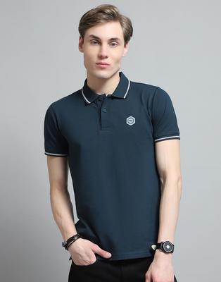 Herren Einfarbiges Türkis Kragen Hals Halbsleeve T-Shirt