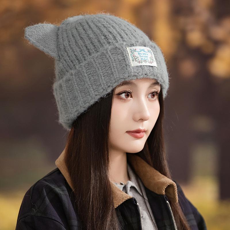 Fashionable and Versatile Warm Cat Ear Wool Hat for Women In Autumn and Winter Thickened Windproof Pullover Hat Japanese Casual Ear Protection Hat