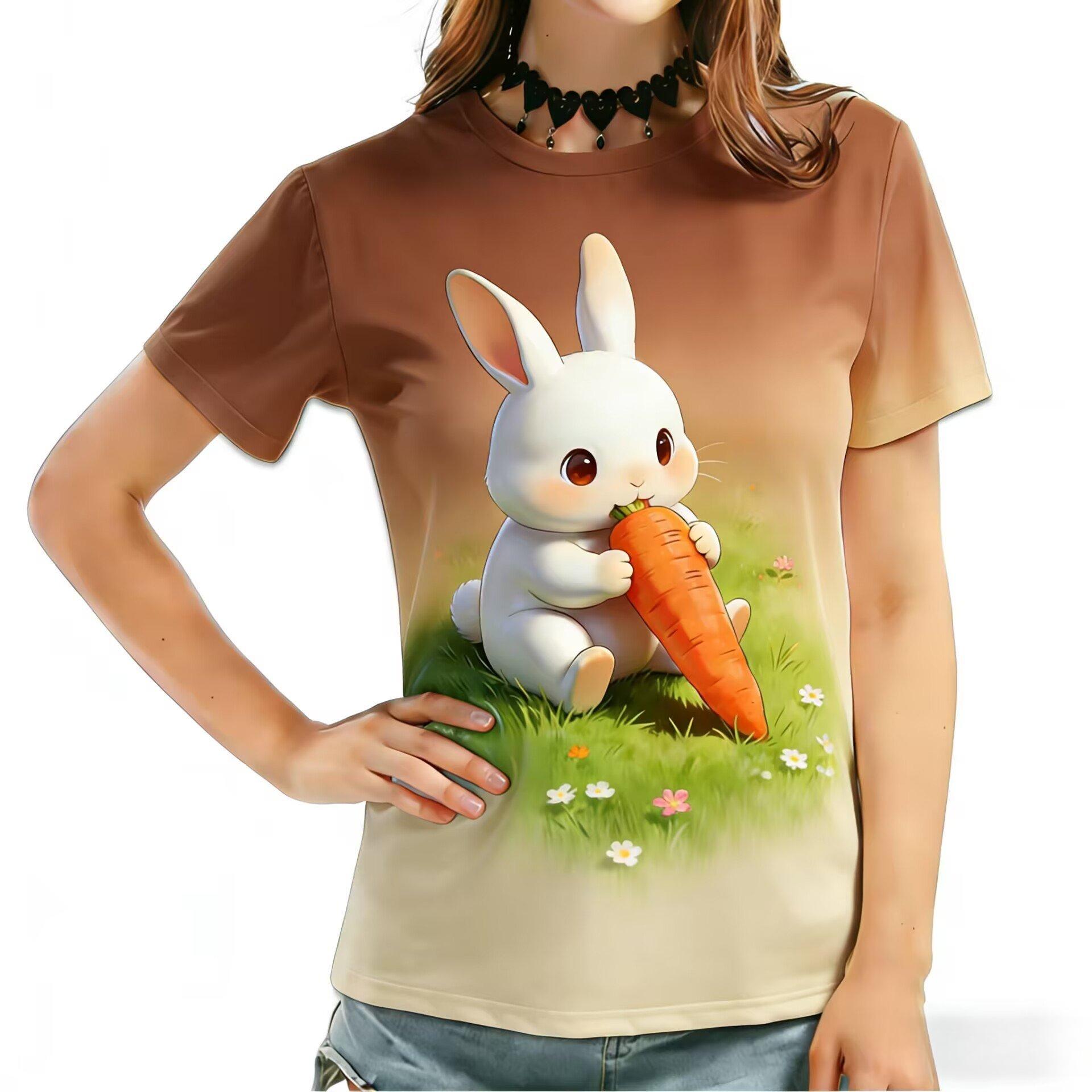 2026 New Model Sweet Cartoon Rabbit Carrot Gradient Tee, Women s Loose Fit All-Match Summer Outfit S