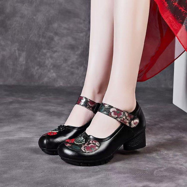 Retro Ethnic Style Women's Shoes 2025 Spring New Shallow Mouth Single Shoes Thick Heel Soft Sole Comfortable Women's Leather Shoes Mother Shoes