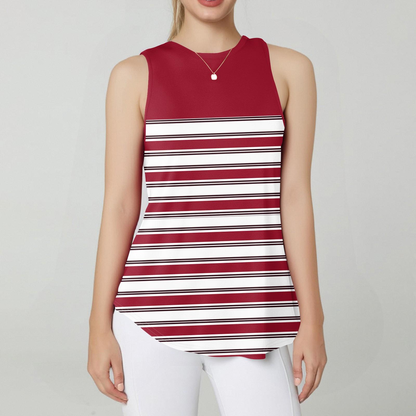 

Женский круглый вырез горловины полосатый принт жилет универсальный свободный подол без рукавов футболка топ XL киноварь