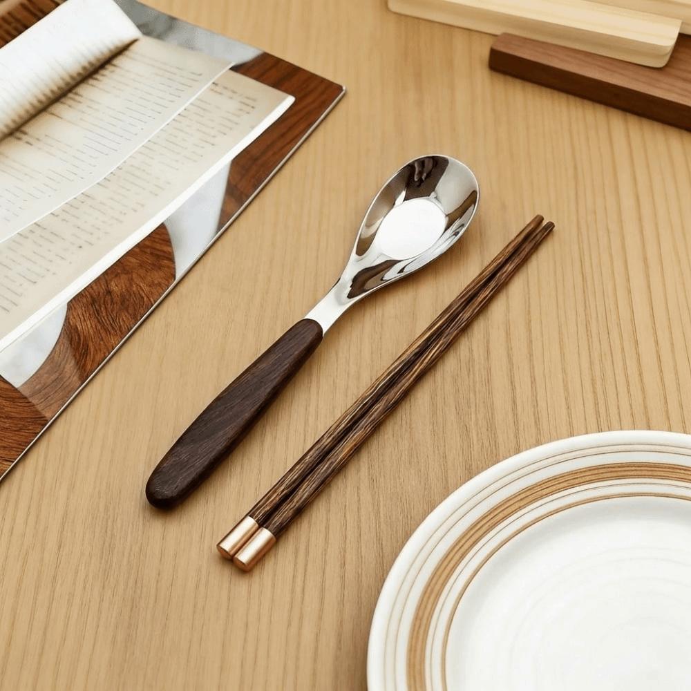 Wood Grain Handle Stainless Steel Spoon Japanese Style Two-Piece Tableware  Utensil Storage