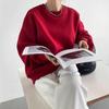 Women's Red Round Neck Fleece-Lined Hoodie - Autumn/Winter High-End Loose Fit, Long Sleeve, Trendy Ins Style, Versatile for Couples.