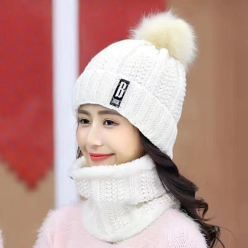 Women's Winter Korean Wool Hat with Velvet, Thick Scarf, and Knitted Ear Protection for Warmth and Style While Biking