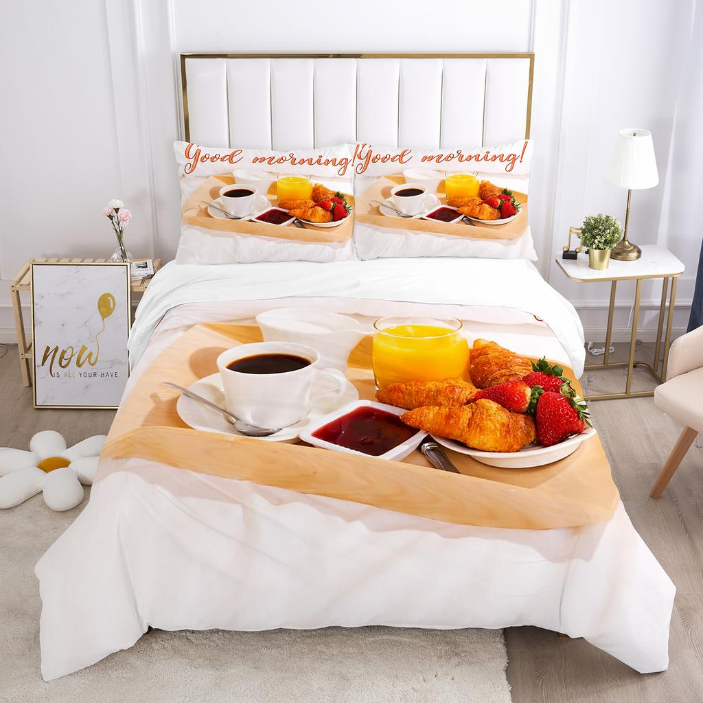 Buon Mattino Set Copripiumino Stampa 3D Pane Caffè Colazione Poliestere Copripiumino King Queen Matrimoniale per Set Letto Adolescenti