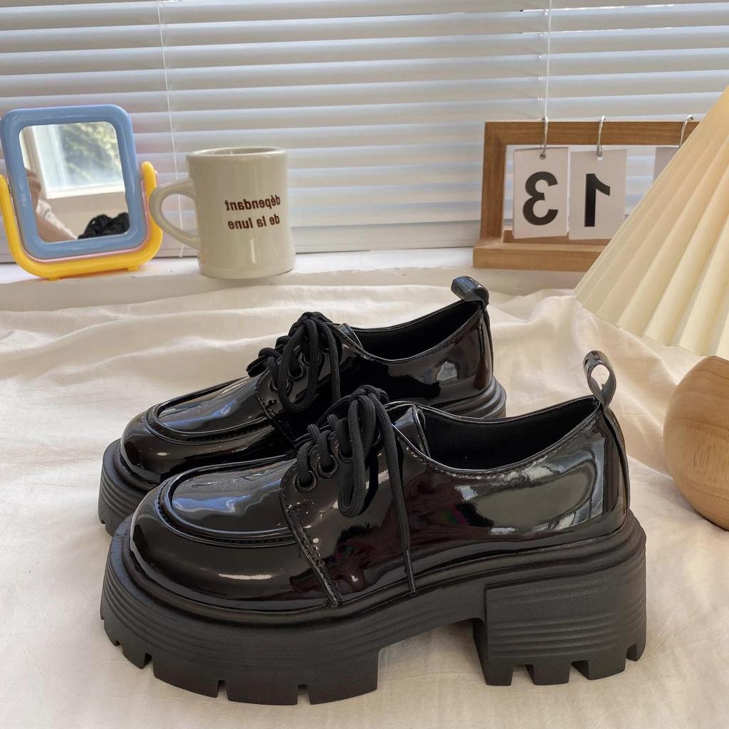 "Women's Black Chunky-Heeled Lace-Up Leather Loafers for Spring/Summer 2024 - British & Japanese Style"