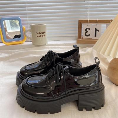 "Mocassins en cuir à lacets à talons carrés noirs pour femmes pour le printemps/été 2024 - Style britannique et japonais"