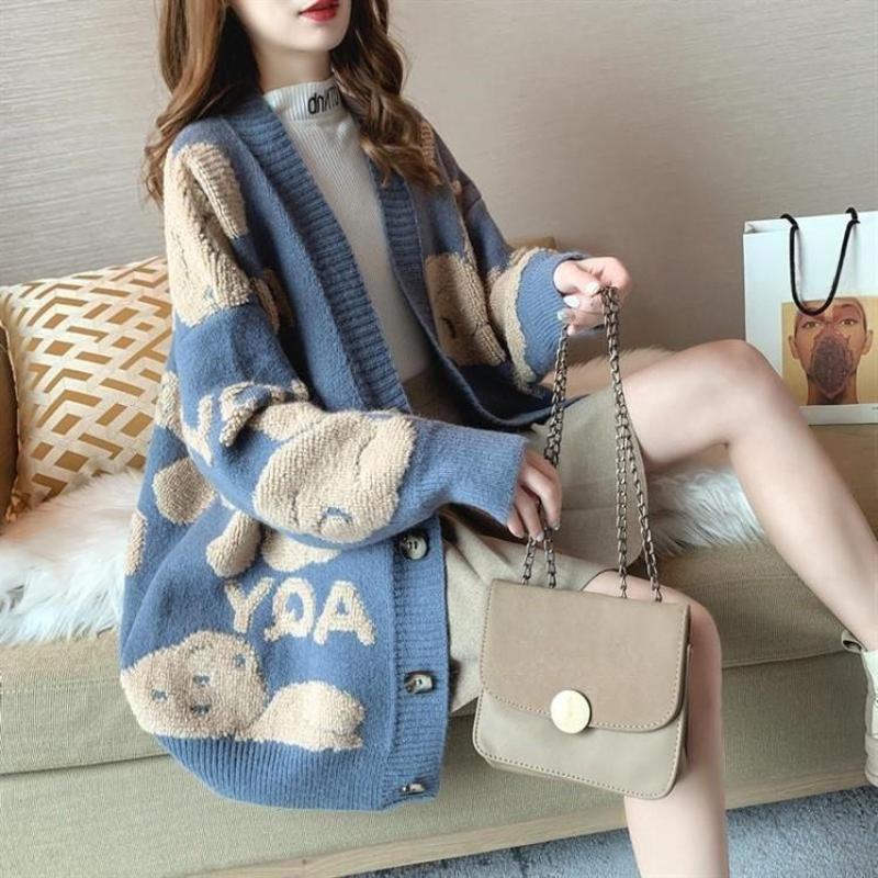 

Women Bear Jacquard Red Cardigan Korean Elegant Female V-neck Knitted Coat Autumn Loose Fashionlady Single Breasted Sweaters Onesize синій