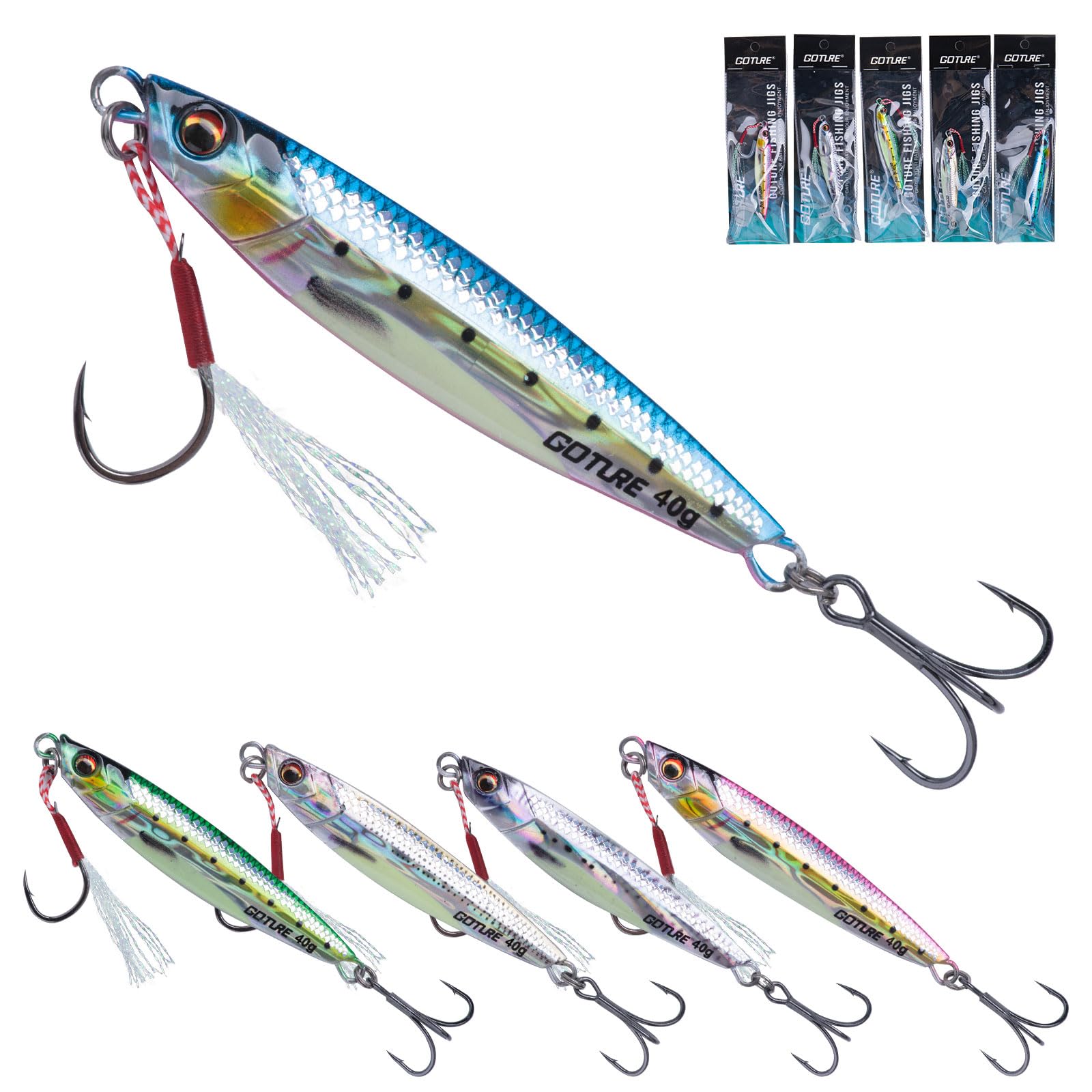 

GOTURE Metal Jig with Triple Metal Jig Jig Sabiki 5 Hooks, Set, Lure, Colors, 40g, 8.6cm
