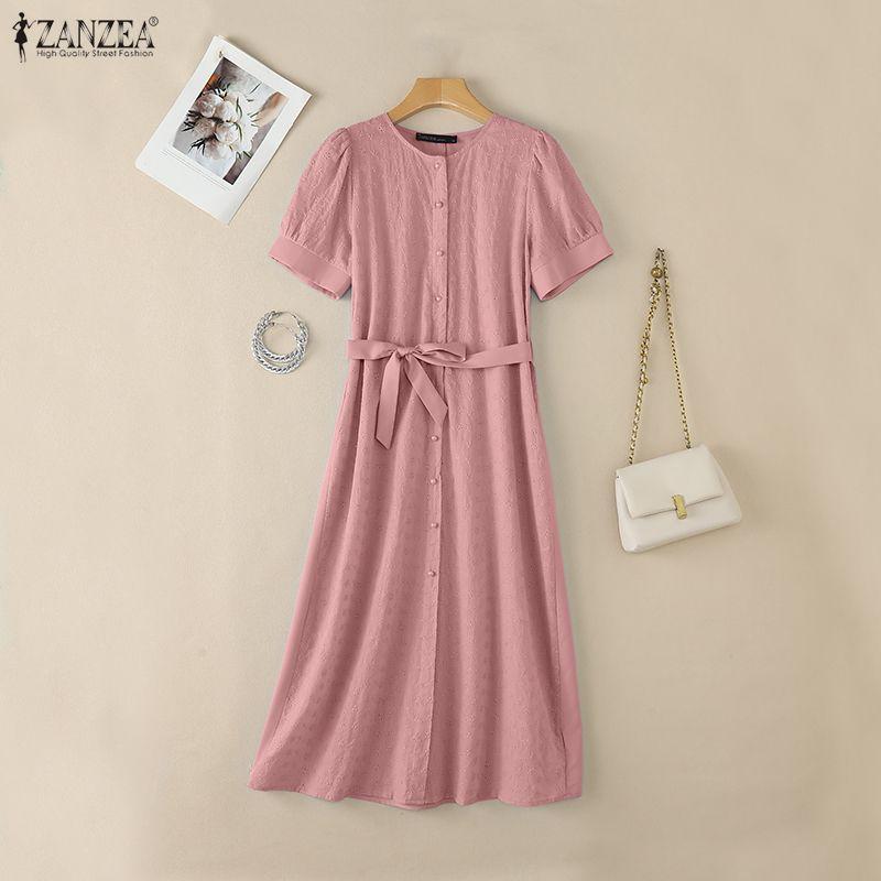 ZANZEA Summer Women Short Sleeve Front Lace Splicing Casual Long Maix Dress