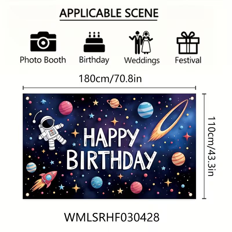 2D Boys Astronaut Birthday Backdrop, Planet & Star Banner, Space Themed Birthday Party Decor