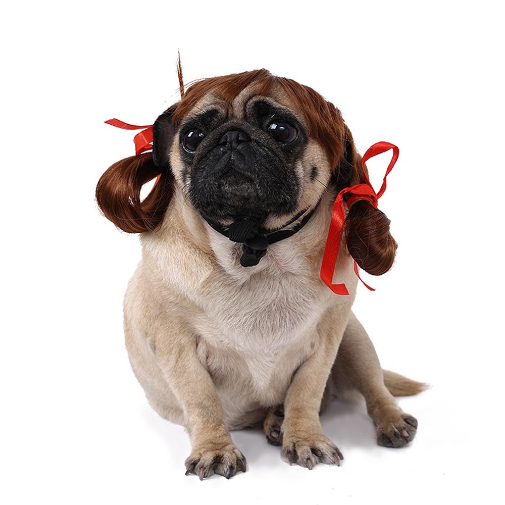 

Парик для питомца милый для собак и кошек с двумя пучками и синей лентой идеально подходит для праздников Red Ribbon Brown