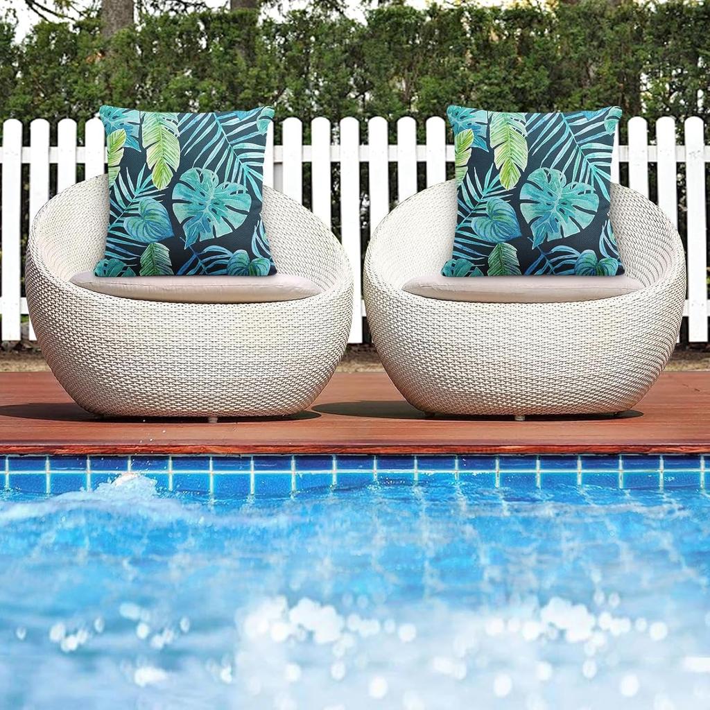 Greenery Tropical Plants Outdoor Waterproof Throw Pillow Covers 18 x 18 Inch Set of 2, Palm Leaf Pillowcase Square Cushion Case, Farmhouse Garden