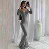 Kadınlar İçin Uzun Kollu Maksi Elbise Sonbahar Günlük Bisiklet Yaka Uzun Elbise Vücuda Oturan Bodycon Büzgülü Kokteyl Partisi Elbisesi