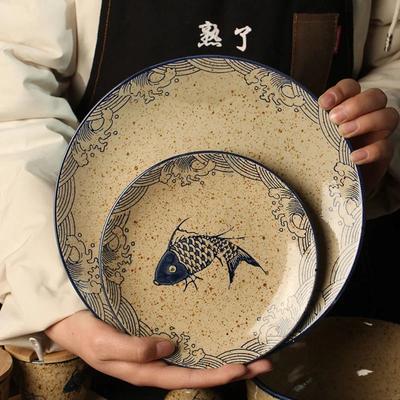 Vaisselle japonaise en céramique à imprimé poisson, grande assiette à dîner en céramique de forme spéciale, bol pour maison rectangulaire, hôtels