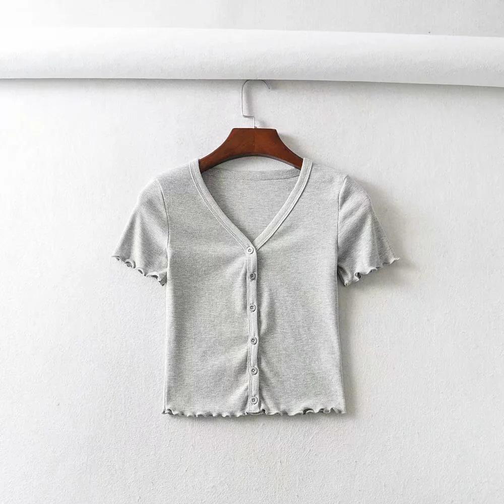 

2020 Летний Приталенный Кардиган с V-образным вырезом, оборками, однотонный, с коротким рукавом, футболка Small хизер серый