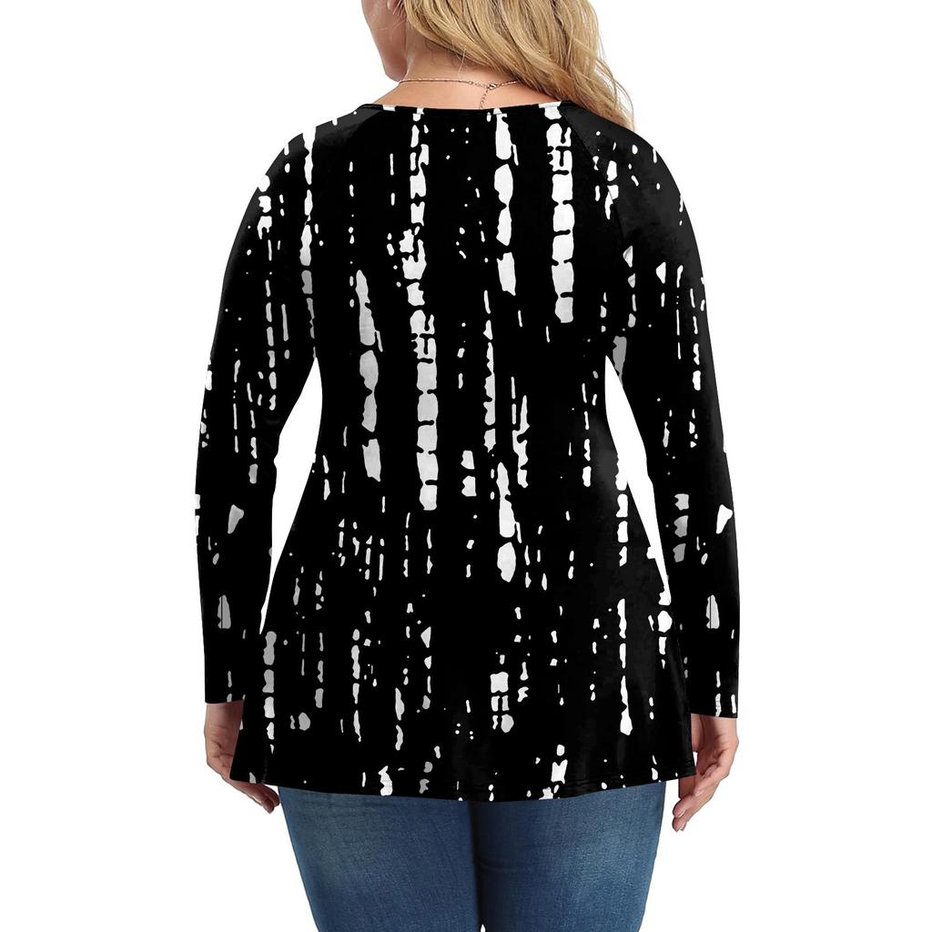 Cămașă de damă plus size cu mânecă lungă, top cu imprimeu plisat casual cu gât în V