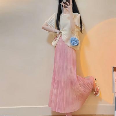 Half Skirt Small Fresh Temperament Gentle Fairy Pink Half Skirt Pleated Short Sleeved Top Set for Women