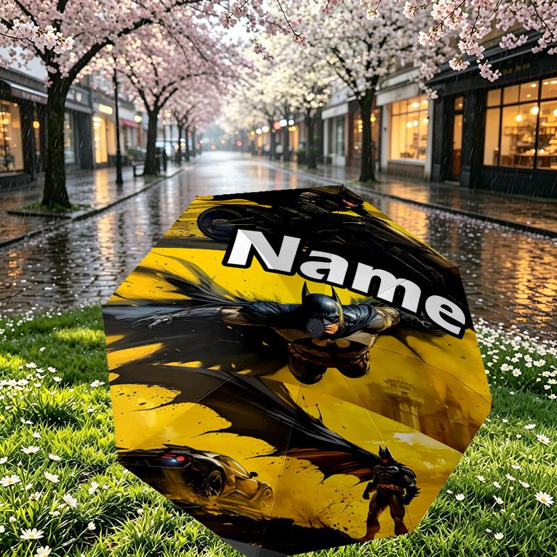 Custom Name Personalized Batman Print Umbrella, Auto Open Close, 8‑Rib Sturdy Frame, Commute Camping Hiking Use, Birthday Gift