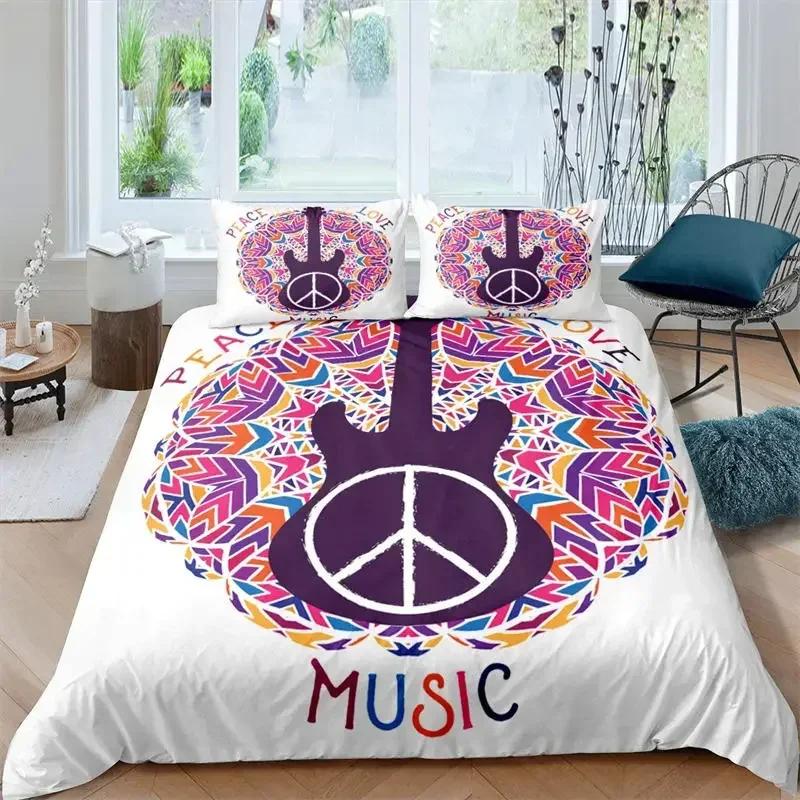 3D Hippie Peace Symbol Colorful Pattern Chic Exotic Flower Comfortable Duvet Cover Pillowcase Bedding Set Children Home Textile