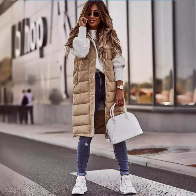 Women's Hooded Long Vest Knee Length Long Cotton Down Vest