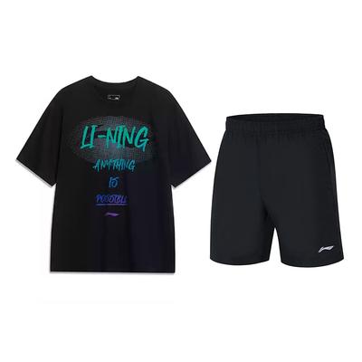Letter Print Round Neck T-Shirt Loose Fashion Casual Sports Suit Unisex Tops Black AHSU803-2+YKST119-1