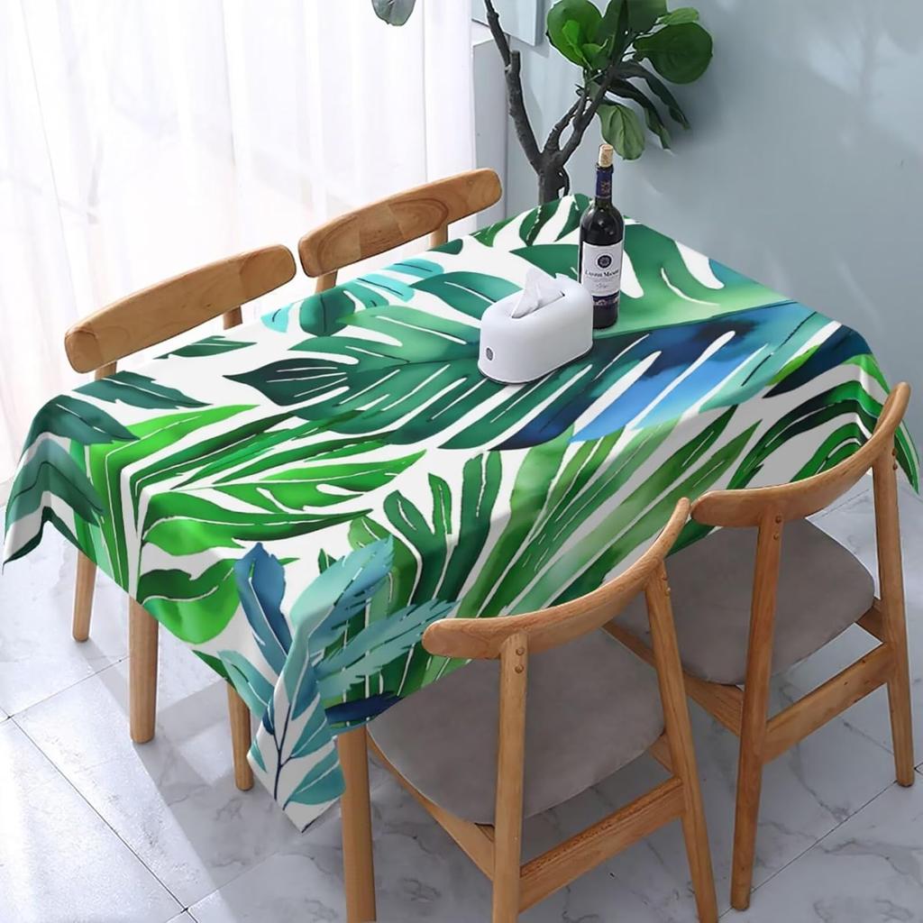 Green Palm Tree Leaf Rectangle Tablecloth Vintage Tropical Botanical Table Cover for Spring Summer Hawaiian Kitchen Party
