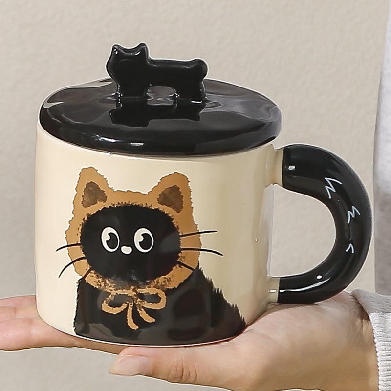 Cute Hat Cat Mug with Lid Cute Cartoon Animal Ceramic Cup Office Home Coffee Water Cup