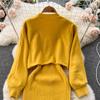 New Autumn Vintage Knitted Sweater Two Piece Set Beading Pullover Top And Spaghetti Strap V-neck Sheath Bodycon Dresses Suit