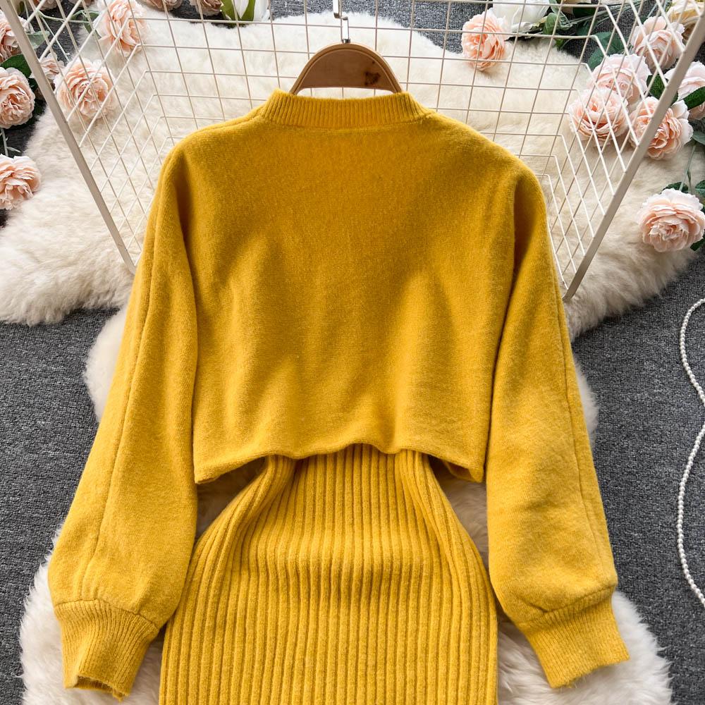 New Autumn Vintage Knitted Sweater Two Piece Set Beading Pullover Top And Spaghetti Strap V-neck Sheath Bodycon Dresses Suit