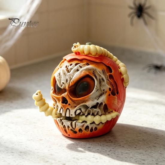 Niche Horror Collection Pieces Halloween Skull Apples Resin Statue, Gothic Spooky Decor with Tabletop Props Worm, Prop for Party Haunted House, Unique
