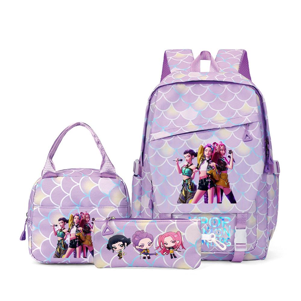 Demon Hunters Backpack Junior High School Student Backpack Fashion Trend Three-Piece Children S Schoolbag Digital Printing Three piece set