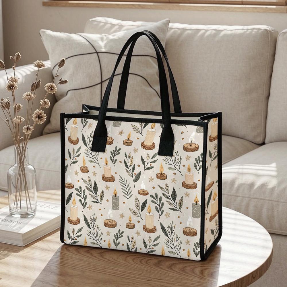 Winter Candle Printed Canvas Tote Bag Fashion Portable Daily Shopping Handbag