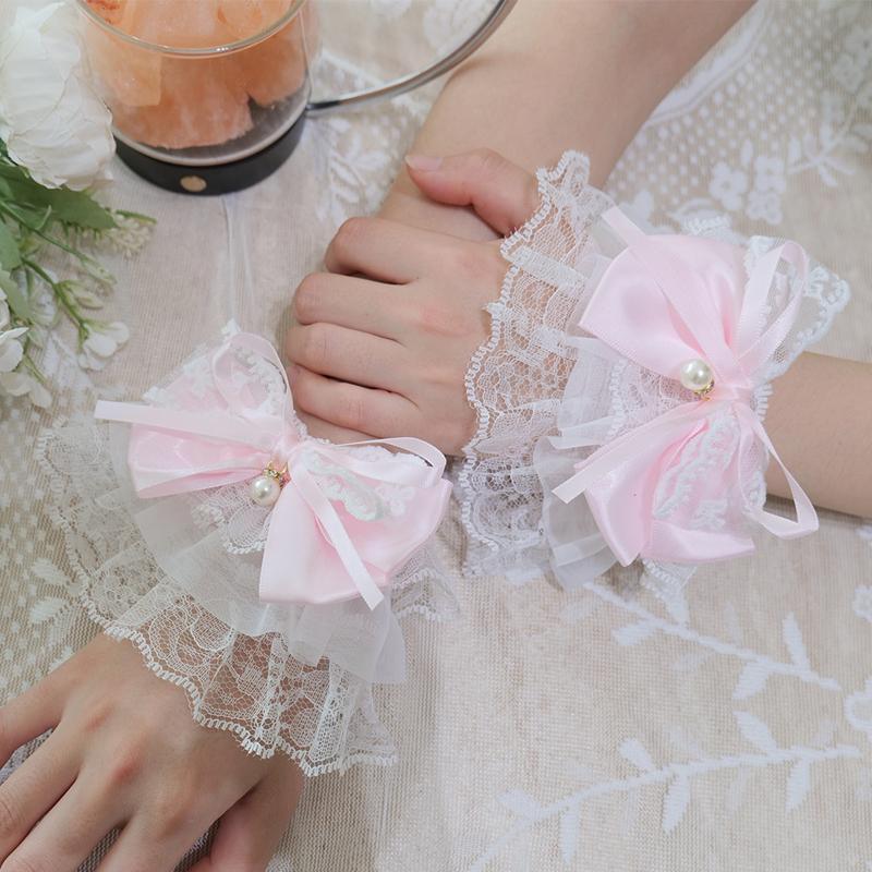 White Flower Lace Pearl Bow Fake Flared Sleeves Bracelet Sweet Girl Wristband Layer Detachable Cuff Cosplay Ornament