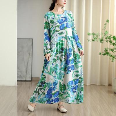 Vestido de algodão floral vintage plus size de manga comprida novo em vestidos para mulheres casual solto primavera verão outono