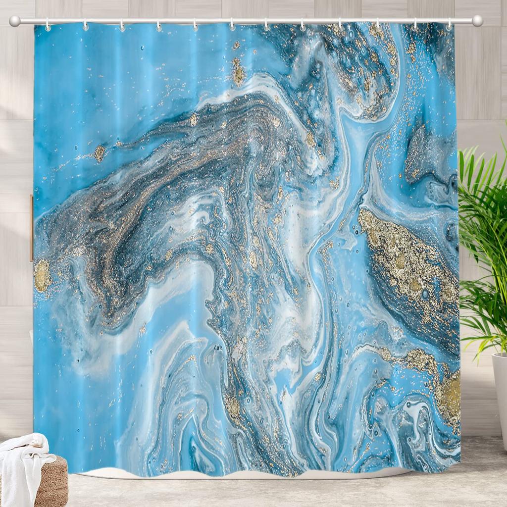 Marble Shower Curtain, Modern Abstract Bath Curtain for Bathroom Bathtub, Luxury Watercolor Marble Ink Shower Curtain with Hooks