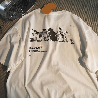 Men Summer Shirt Cute Cat Printed Oversized T-Shirt Round Neck Casual Tee Short Sleeve Men Top for Sports Travel Beach Office Party