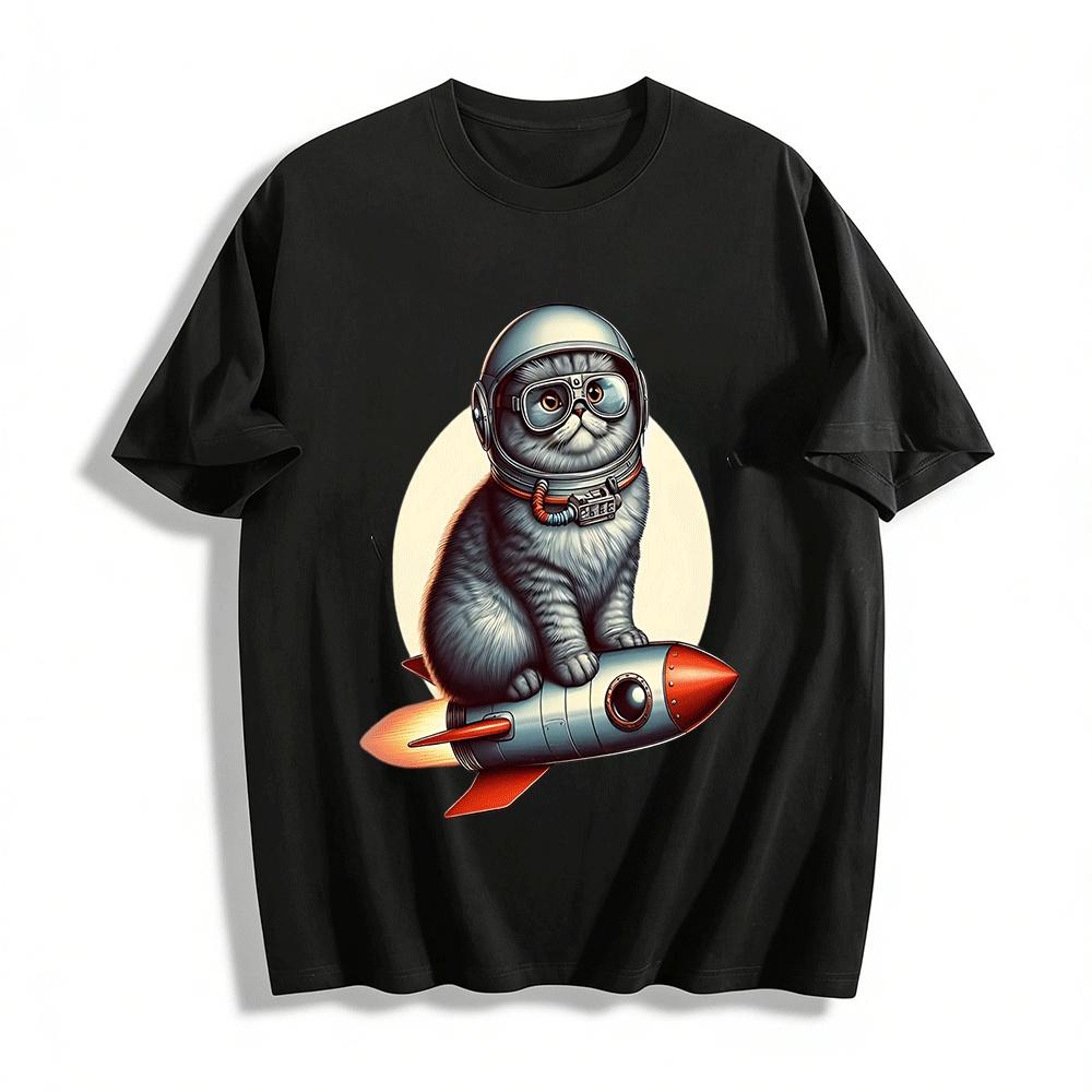 Cute Space Cat Riding Rocket Graphic Print Casual T-Shirt Pure cotton T-shirt XXS