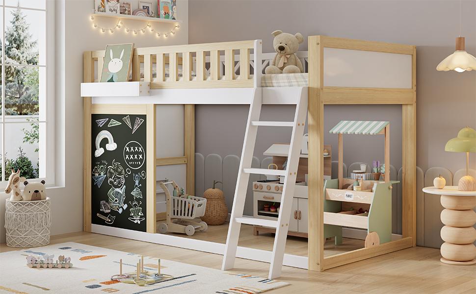 Loft Bed, Children's Bed, With Small Board for Painting, With Storage Box, Safety Rail, Storage Under the Bed, Pine + MDF, White+Natural, 90x200cm