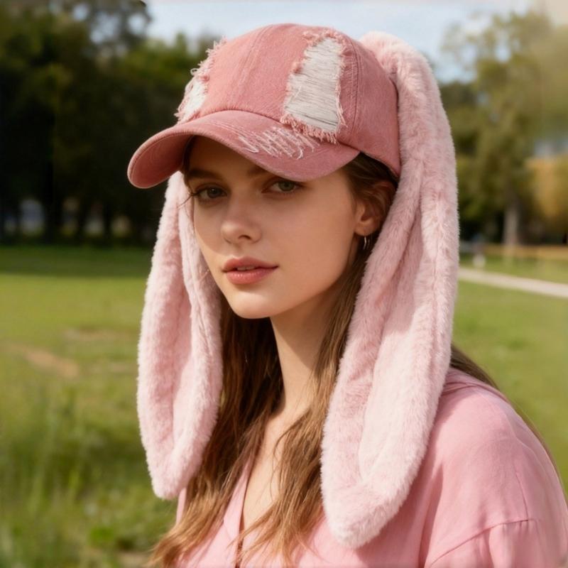 Long Rabbit Ears Adjustable Snapbacks Cap for Women Teens Winter Autumn Distressed Dad Hat Daily Fashion Accessories