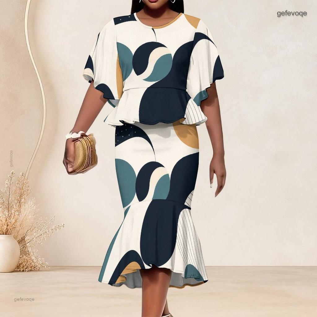 Women Plus Size Two Piece Set Round Neck Batwing Sleeve Black White Printed Ruffle Hem Top Fishtail Skirt
