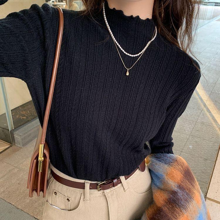Undercoat for Women Half High Neck Black Fungus Edge Knitted Sweater Long Sleeved Thin Sweater Fashionable and Cute