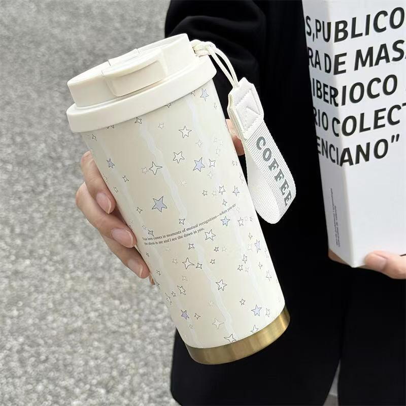500ml Stars Print Coffee Thermos Cup 316 Stainless Steel Double Wall Vacuum Flask Portable Travel Mug with Handle Office School