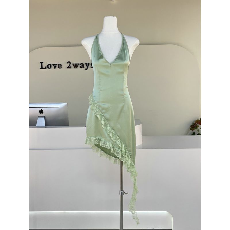 

2025 Spring/Summer New Arrival C * Der Original Order Mint Mambo French Lace Halterneck Strap Diagonal Cut Dress Green XL