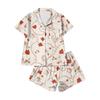 Damen Casual Mode Weihnachts-Print Kurzärmeliges Hausanzug-Set mit Knopfleiste, Kurzarm-T-Shirt und Shorts