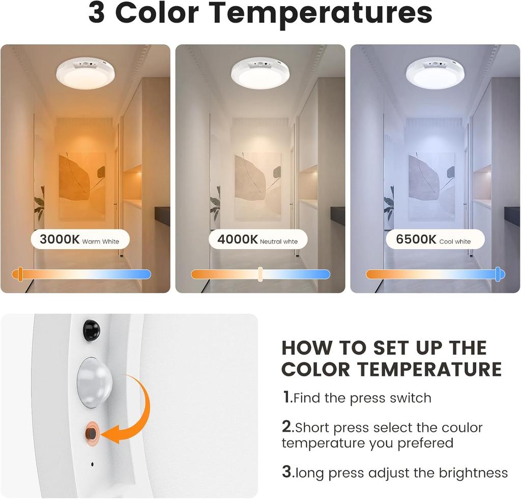 6000mAh Motion Sensor Ceiling Light 360° Wireless Rechargeable LED Shower Lights for Pantry Stairs Garage Hallway Night Light