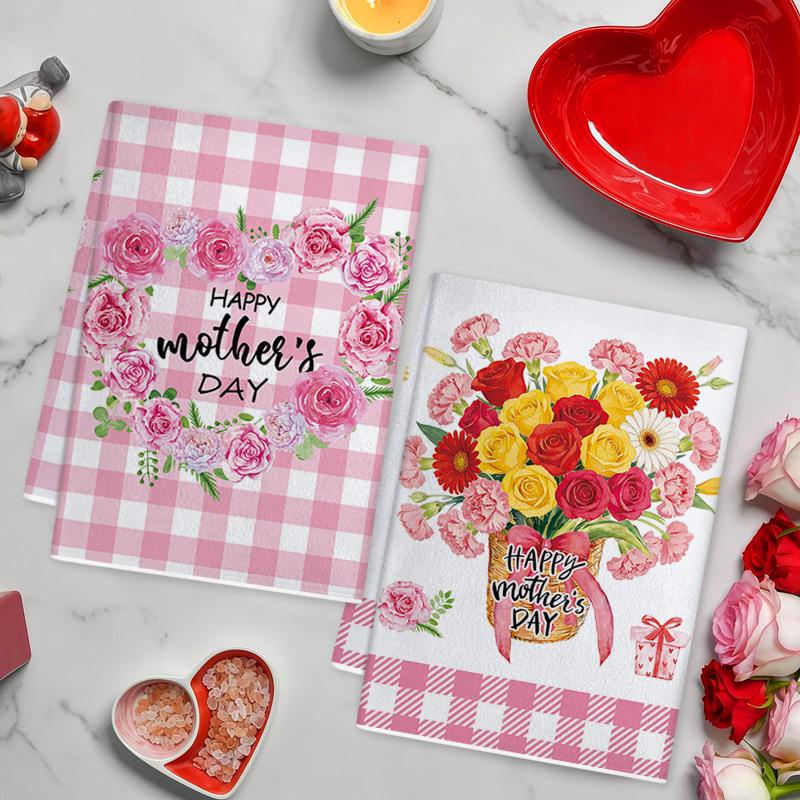 Mother's Day Pink Plaid Floral Kitchen Dishcloth Gift