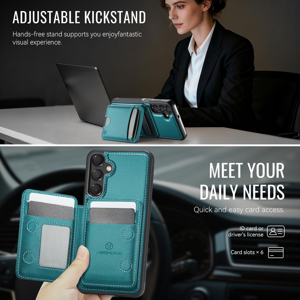 For Samsung Galaxy A17 5G/Galaxy A17 4G Magnetic Case JEEHOOD J10 Leather Back Phone Cover with Detachable Card Holder Kickstand