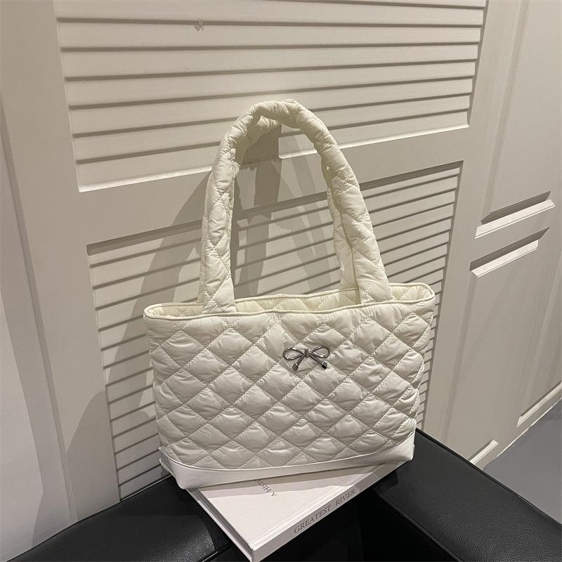 Autumn Bow Quilted Design Women Shoulder Bags Large Capacity Solid Color Ladies Tote Bag College Style Simple Girls Handbags